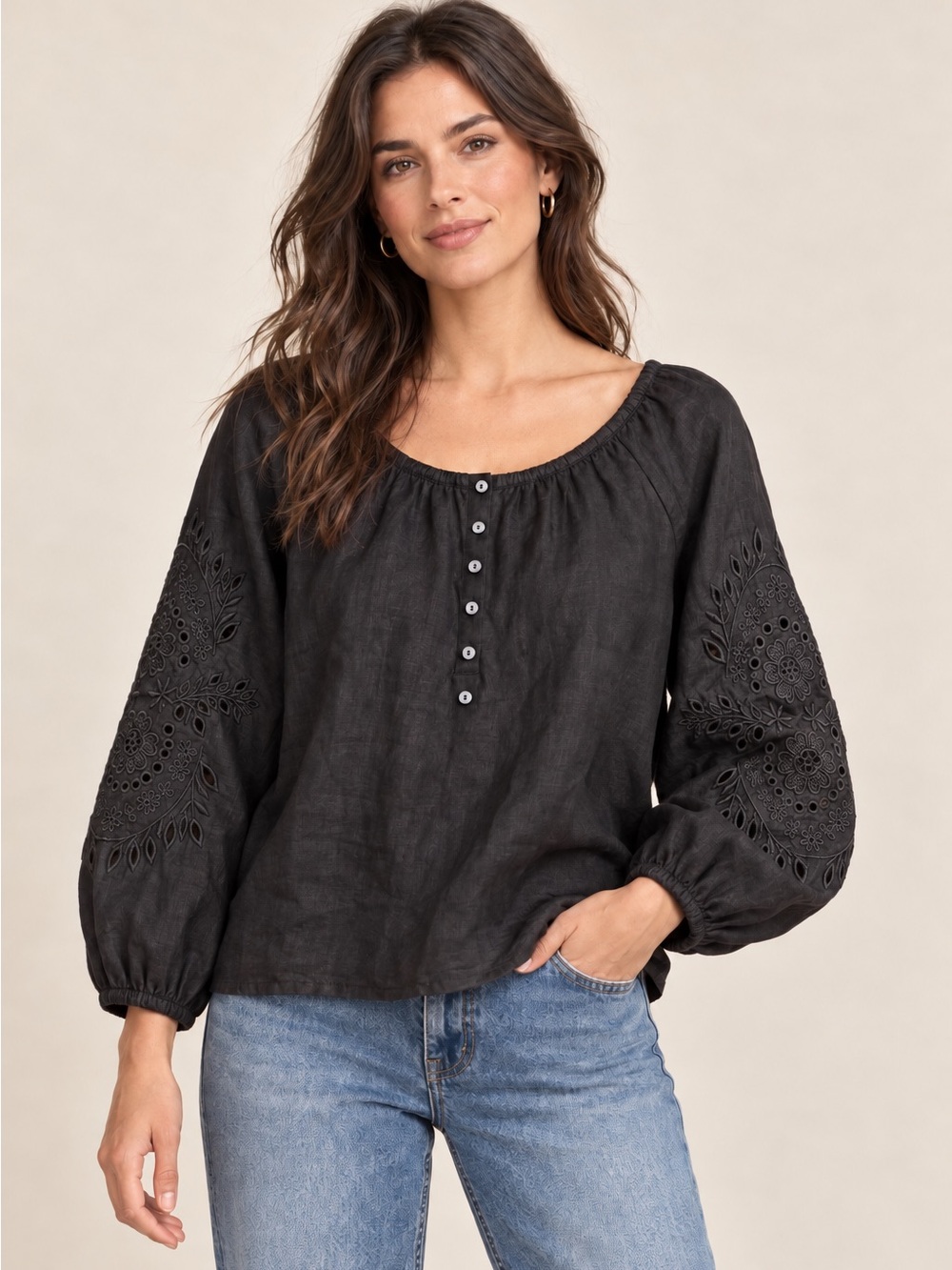 Joie 100% Linen Embroidered Sleeve Buttoned Peasant Blouse Black NWT